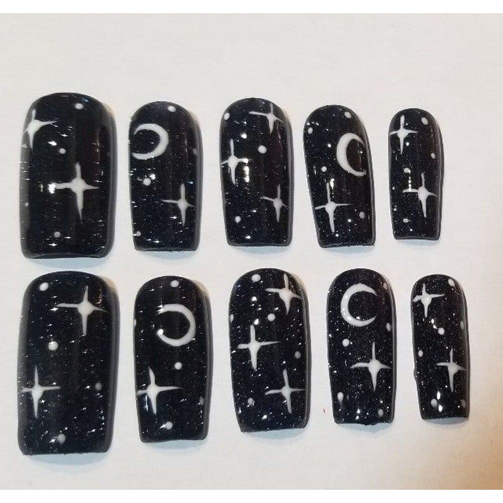 Halloween Spooky Moon Galaxy black reflective glitter press on nails handmade